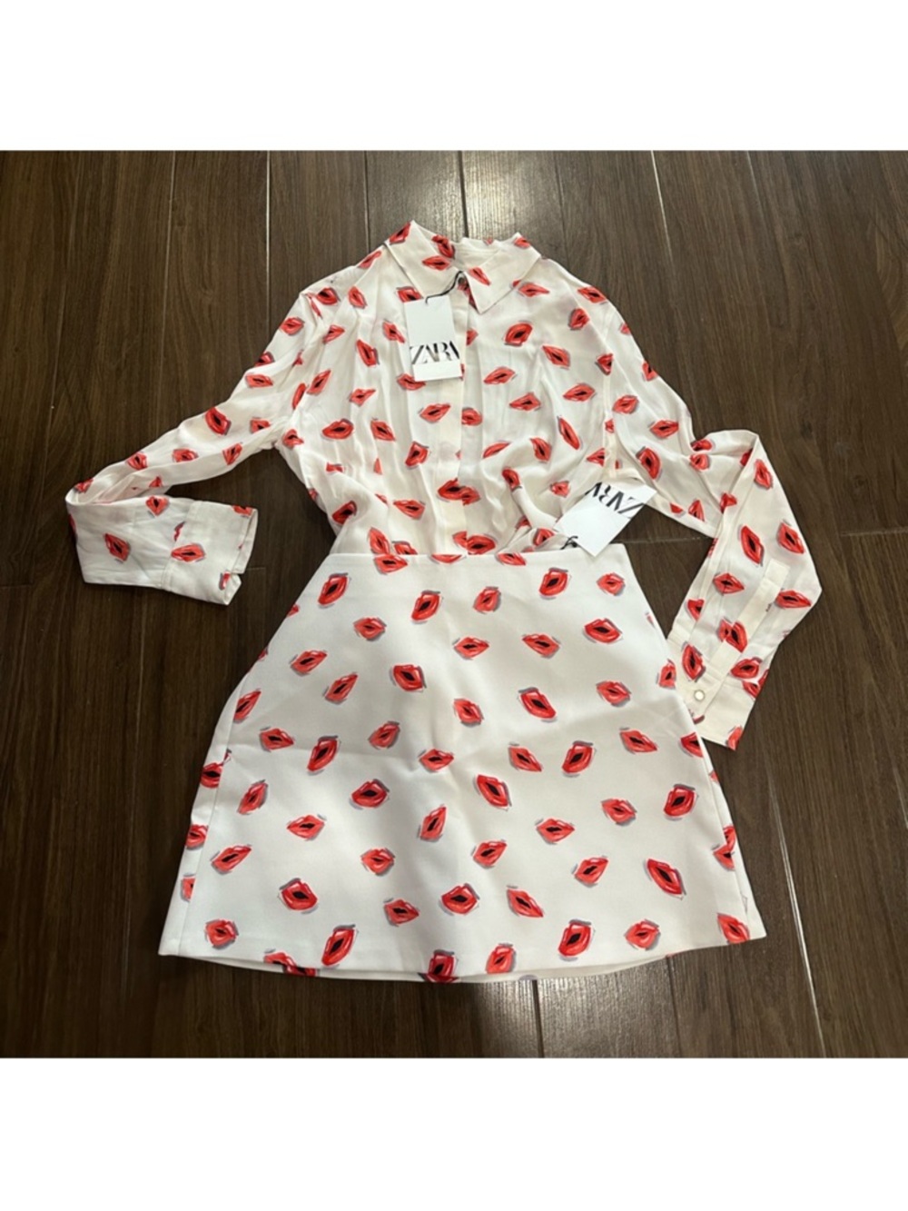 ZARA White Shirt & Skirt Set with Red Lip Print